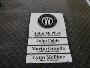 Staff name sign for in the Pro Shop.